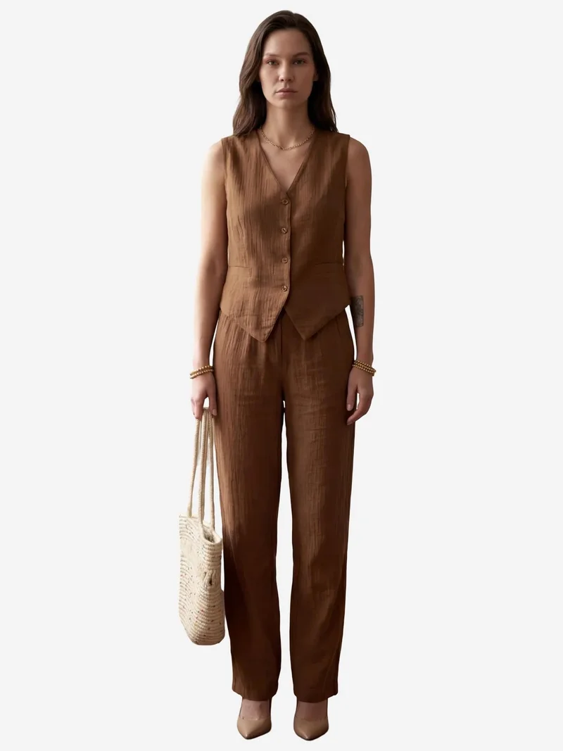 MY FASHION Coffee Brown MY FASHION Textured Cotton V-Neck Vest & Pants Two-Piece Set for Women | Best Price UAE